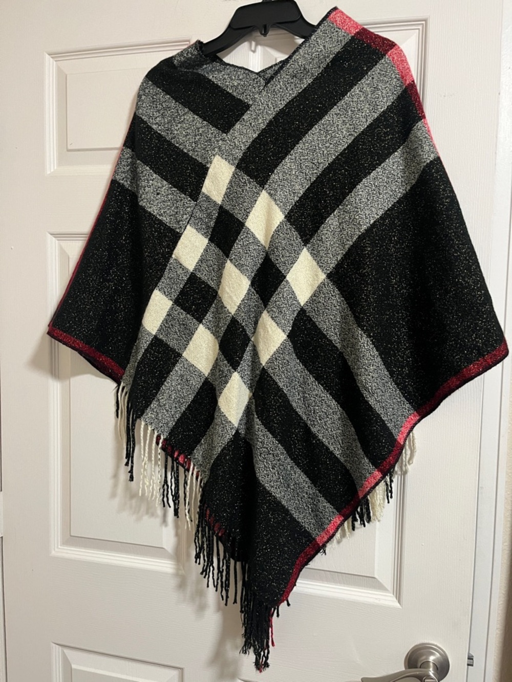 Cozy Black & Gray Plaid Fringe Poncho with Cream Accents